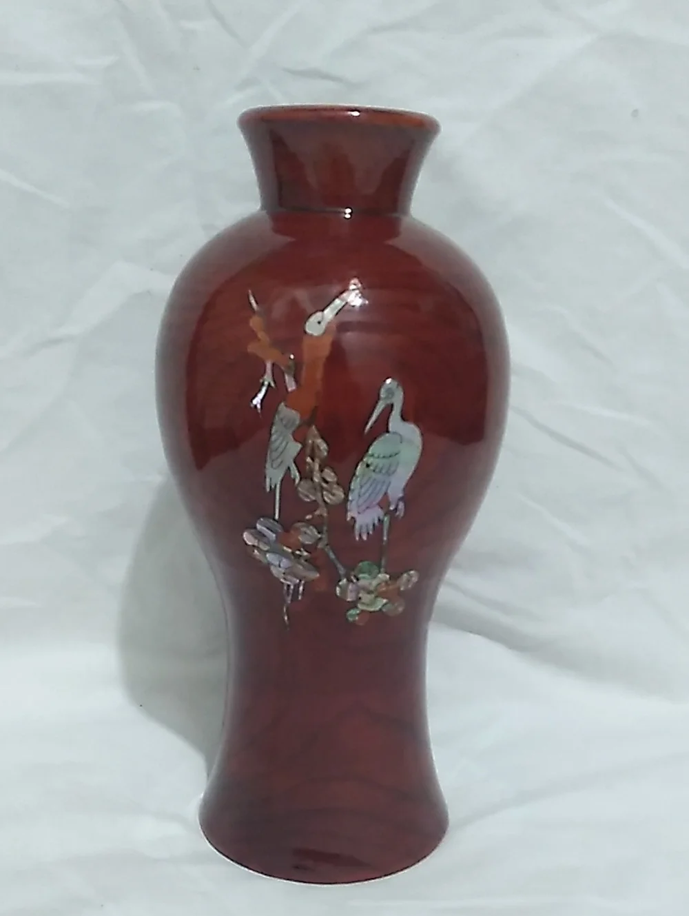 VNTG Japanese Red Lacquer Wood Vase  Mother-of-Pearl Crane  (B9)